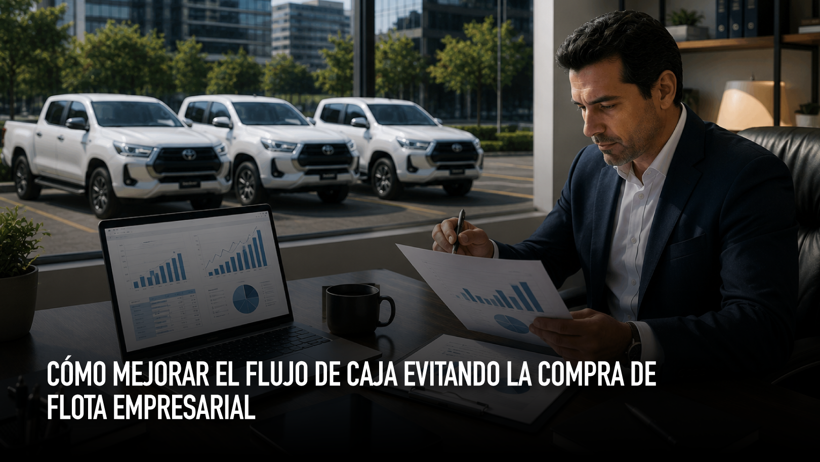 Empresario analizando indicadores financieros mientras utiliza una solución de renting vehicular para optimizar el flujo de caja de su empresa.