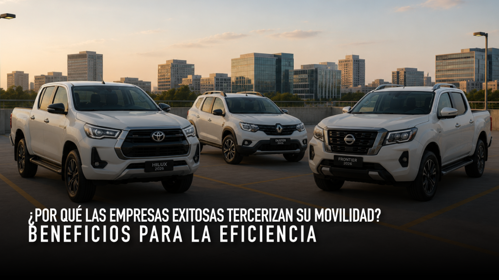 Equipo de profesionales abordando vehículos corporativos gestionados mediante un servicio de movilidad empresarial tercerizada.